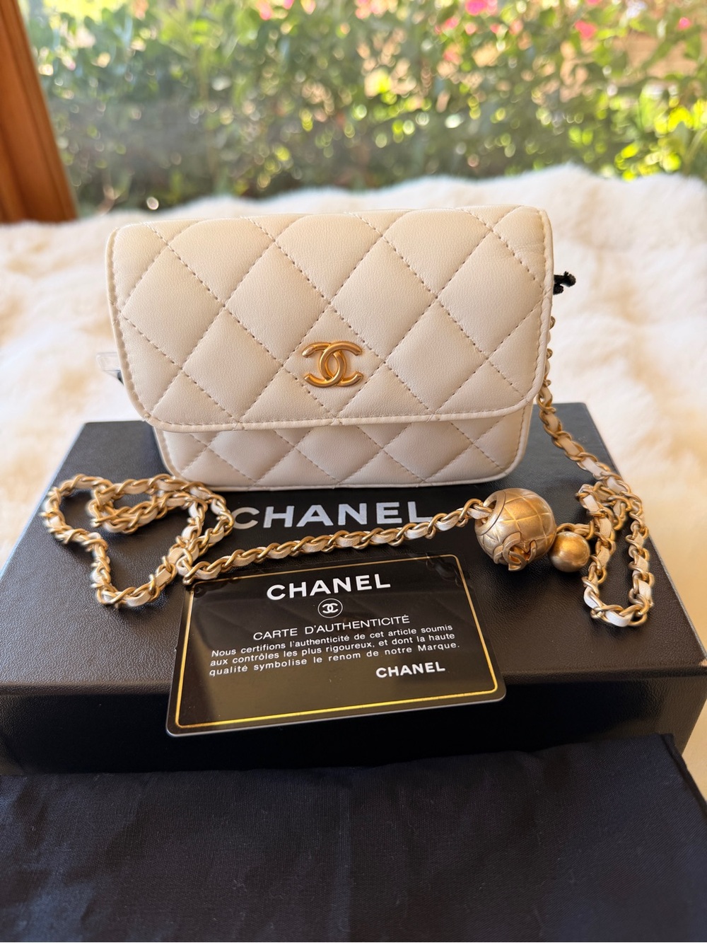 CHANEL White Quilted CC Ball Clutch on Chain Mini Belt Bag